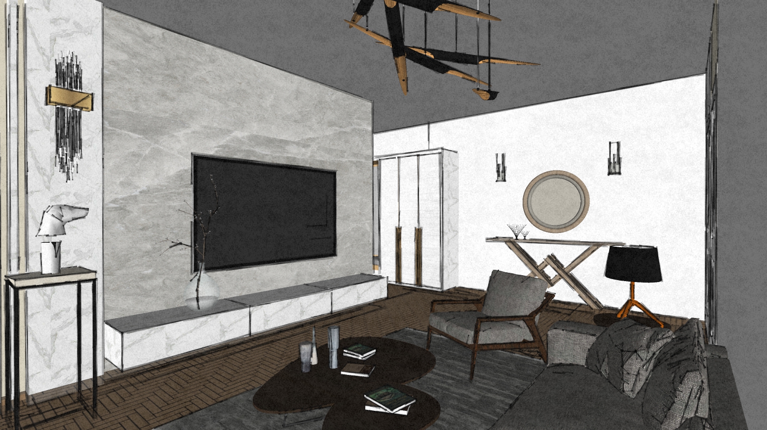 Living room sketch – residential interior project in Moscow, 76 square meters
