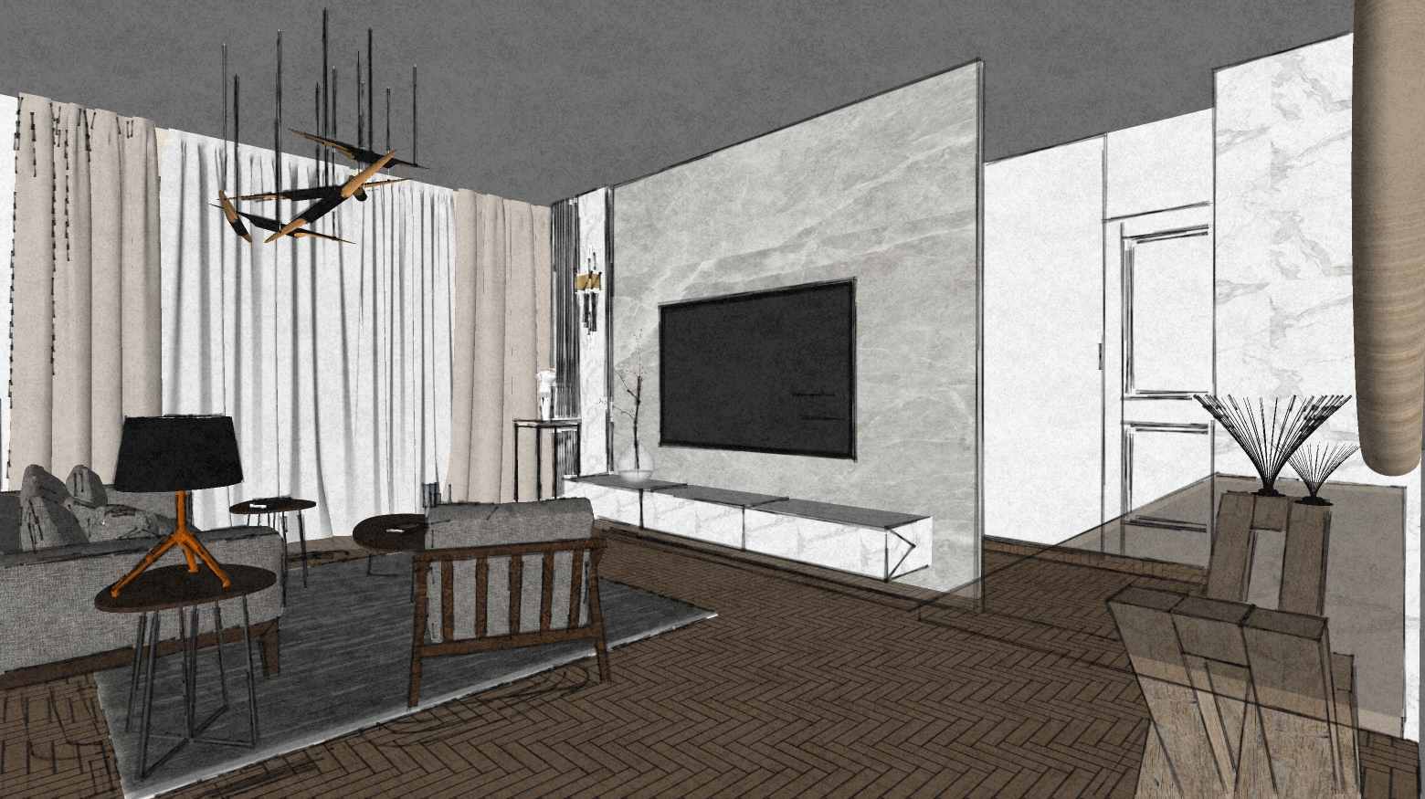 Sketch view  – residential interior project in Moscow, 76 square meters